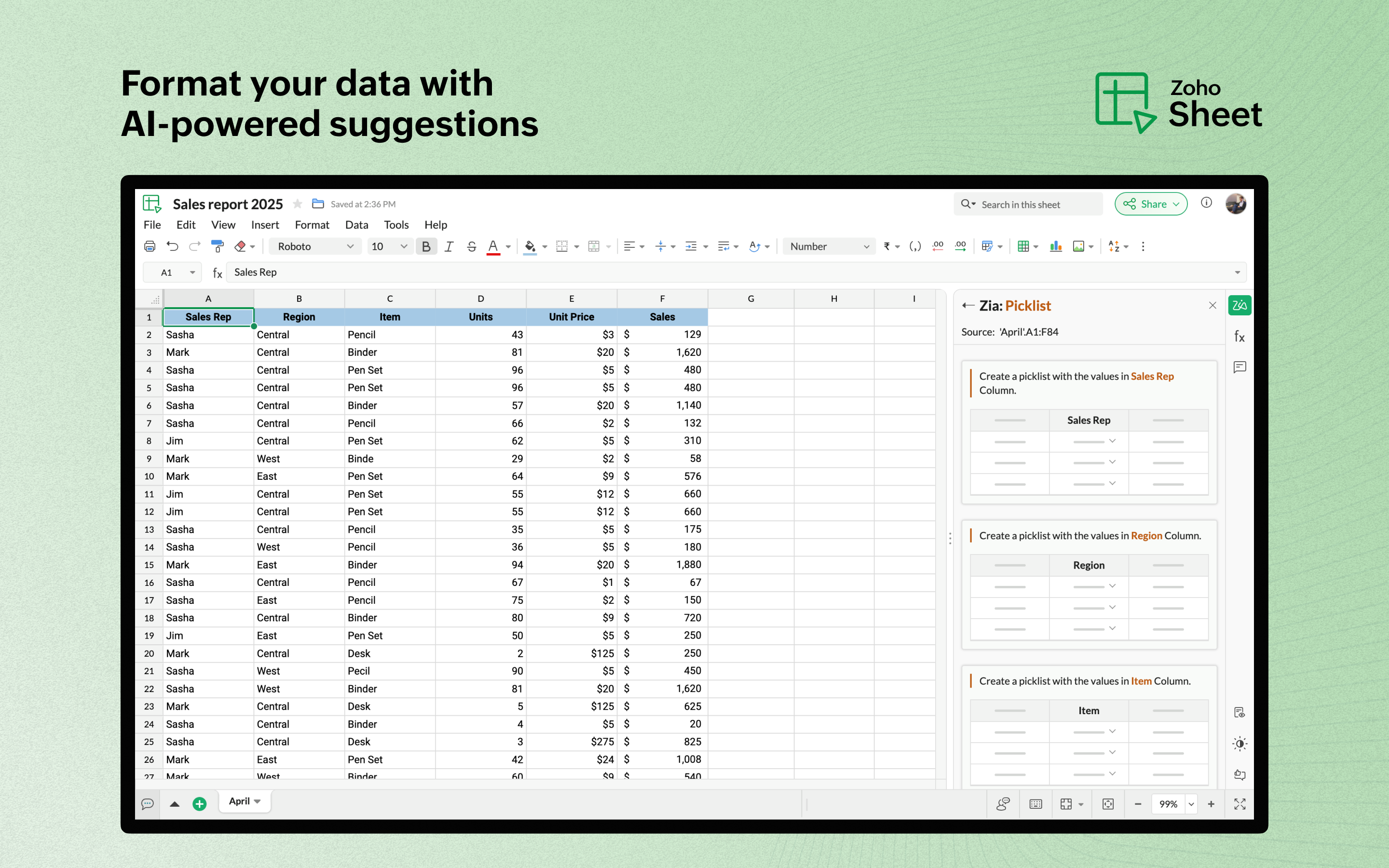 screenshot of Zoho Sheet